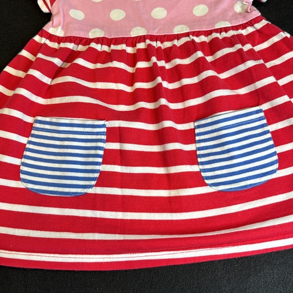 Baby Boden red, pink white and blue striped and polka dot 6-12 month dress - Picture 3 of 6
